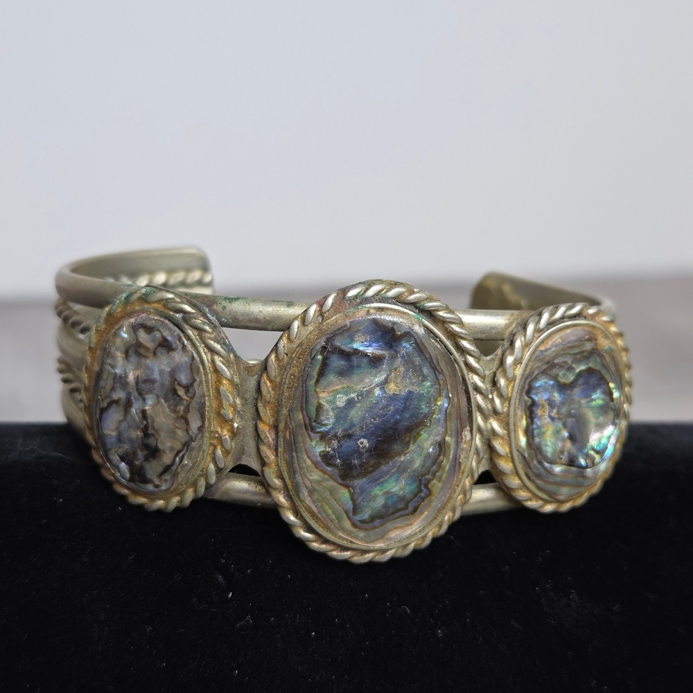 Vintage Abalone Shell Cuff Bracelet Silver Tone Southwestern Inlay Oval Stones